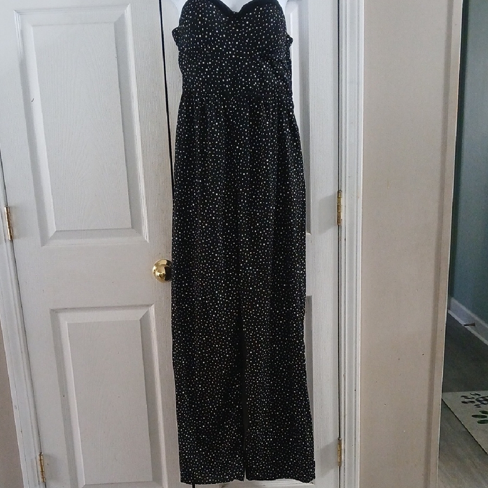 Band of Gypsies Black wide leg pantsuit jumpsuit with White Dots Sz L NWOT
